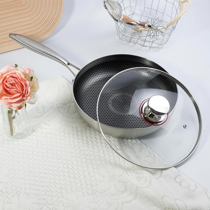 stainless steel 10" induction skillet non-stick eggs, hybrid non-stick skillet for induction, oven, broiler & dishwasher, non-toxic chef's pan, pfoa-free cookware