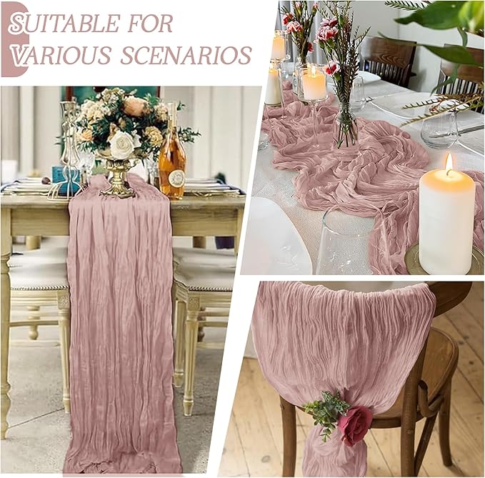 RealBox 6 Pack Dusty Pink Cheesecloth Table Runner 17x108 Inch Semi Sheer Boho Gauze Cheese Cloth Fabric Table Runners Table Decor for Wedding Party Baby Shower Birthday Home Decor Garden Farmhouse
