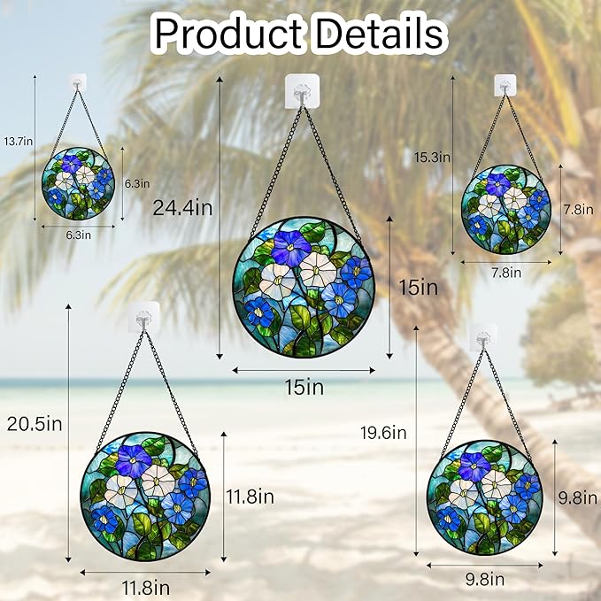 Stained Glass Window Hanging - Blue White Morning Glory Birth Flower Suncatcher for Door Garden Yard Sun Catchers Decor Christmas Mother's Day Birthday Gifts for Women Mom Nana Friend 6.3 in
