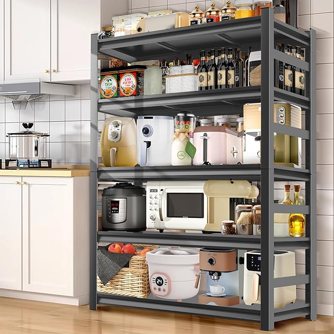 48''W Kitchen Shelves with Large Storage Capacity, Waterproof and Rust-Resistant Metal Racks, Multi-Functional Adjustable Kitchen Storage Shelf, Suitable for Kitchens, Storage Rooms, Black