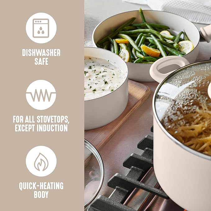 GreenLife 6QT Ceramic Nonstick Stockpot with Glass Straining Lid, PFAS-Free, Dishwasher Safe, Stay-Cool Handles, Oven Safe to 350째F, Wobble-Free Base, Even Heating, Taupe