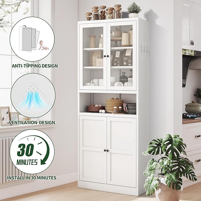 72" Tall Kitchen Pantry Cabinet,White Metal Pantry Cabinet with Countertop & 4 Adjustable Shelves,Utility Storage Cabinet Rust-Resistant for Living Room,Dining Room,Bathroom,Garage,Basement