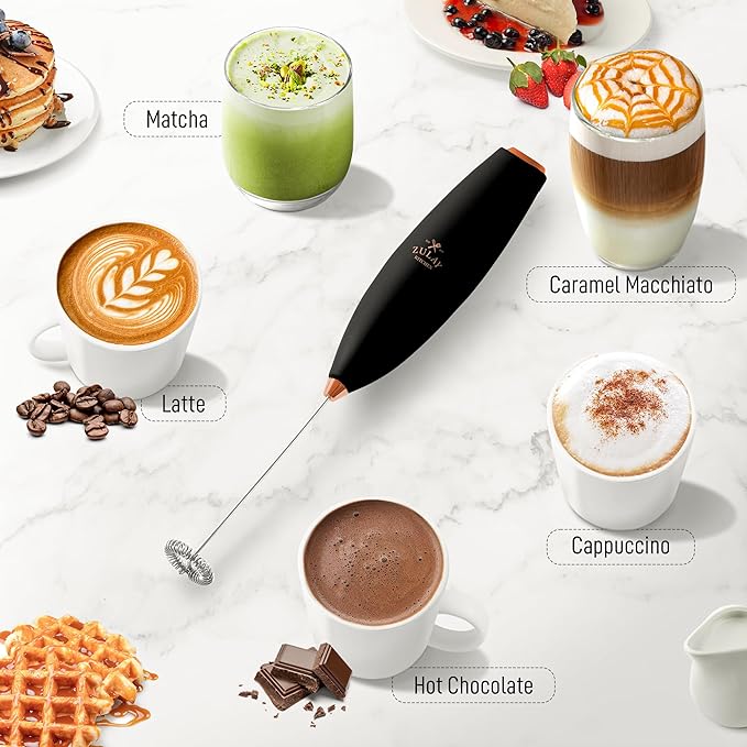 Zulay Kitchen Milk Frother Handheld Electric Whisk with AA Duracell Batteries ??Durable Drink Mixer for Coffee, Lattes, Cappuccinos & More - Black Copper