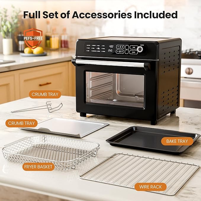 Kismile 25QT Air Fryer Toaster Oven Combo, 12-in-1 Large Countertop Convection Airfryer Oven, 70??50?? Bake, Roast, Reheat, Broil, Fits 12??Pizza, Includes Full Accessories, Stainless Steel(Black)