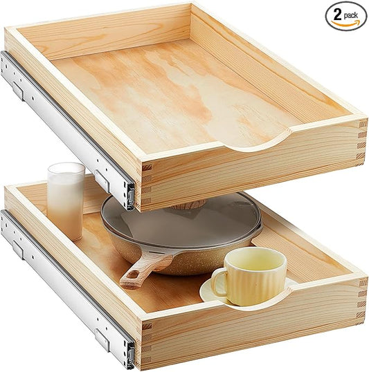 Menkxi 2 Set Pull out Tray Cabinet Organizer Wooden Pull Drawers storage Slide out Pantry Shelf for Base Cabinet Kitchen Gentle Close Fully Assembled Accessories(Wood Color,15'' X 21'' X 3'')