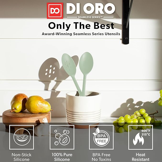 DI ORO Silicone Spoons for Cooking - Large Kitchen Spoons for Mixing, Serving, & Stirring - 600째F Heat-Resistant Non Stick Utensils ??Big Solid & Slotted Basting Spoons - Dishwasher Safe (2pc, Sage)