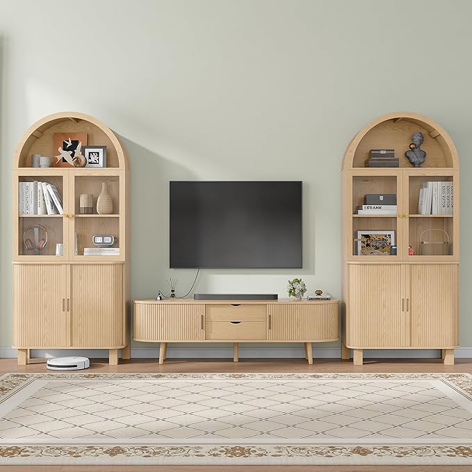 69" Tall Kitchen Pantry Storage Cabinet with Sliding Door, Modern Curved Edge Pantry Storage Cabinet with Glass Door & Adjustable Shelves, Oak Cupboard for Kitchen, Dining Room, Living Room, Office
