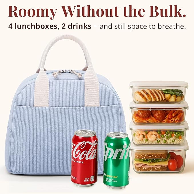 LOVELYWIND Insulated Cloud Blue Lunch Bag for Women, Stylish Corduroy Tote with Aluminum Lining, Large Capacity Reusable Cooler for Work, Travel, Beach or Picnic, Cloud Blue Water-Resistant Lunch Box