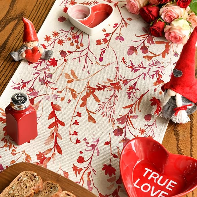 Artoid Mode Floral Leaves Table Runner, Wild Flowers Seasonal Kitchen Dining Table Decoration for Home Party Decor 13x108 Inch