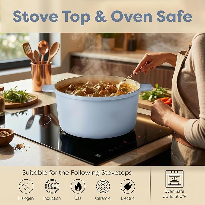 Gotham Steel 5 Qt Lightweight Ceramic Dutch Oven Pot with Lid, Nonstick Sourdough Dutch Oven for Bread Baking, 10 in 1 Stock Pot Ovens for Pasta, Spaghetti, Bread and More, Pots for Cooking