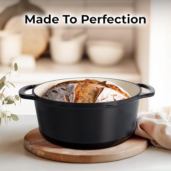 Zulay Kitchen 7.7 Quart Enameled Cast Iron Dutch Oven Pot with Lid ??Premium Durability & Oven Safe up to 500째F ??Heavy Duty Cookware Perfect for Bread Baking, Stews, Braising & Roasting ??Black