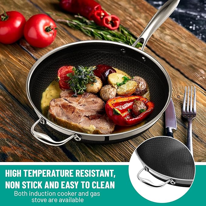 Honeycomb Non Stick Cookware Set 13 pcs Hybrid Cookware Set w/Lids pans cook pots Wok Kitchenware 3-ply Stainless Steel