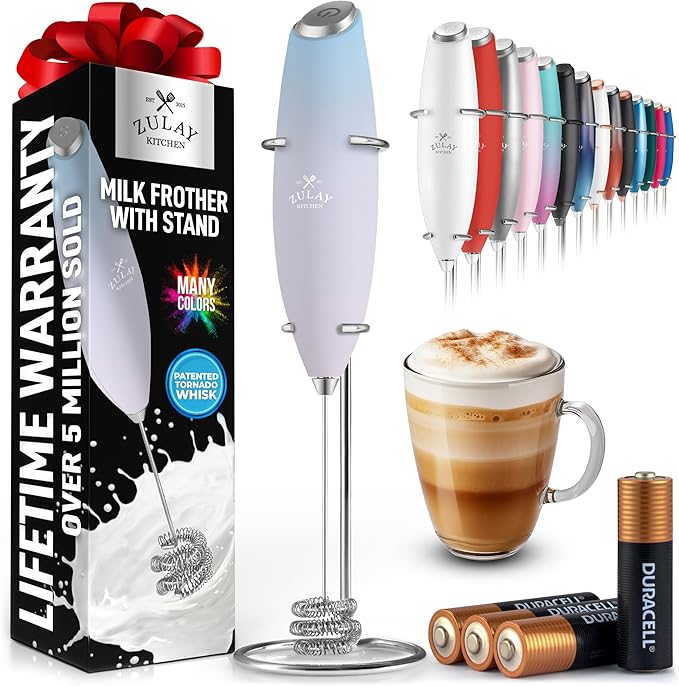 Zulay Kitchen Patented Tornado Triple Whisk Milk Frother with 4 Duracell Batteries ??Handheld Foam Maker for Coffee, Lattes, Matcha & Hot Chocolate ??Rich, Creamy Froth in Seconds