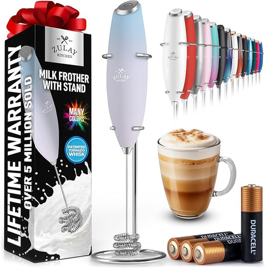 Zulay Kitchen Patented Tornado Triple Whisk Milk Frother with 4 Duracell Batteries ??Handheld Foam Maker for Coffee, Lattes, Matcha & Hot Chocolate ??Rich, Creamy Froth in Seconds