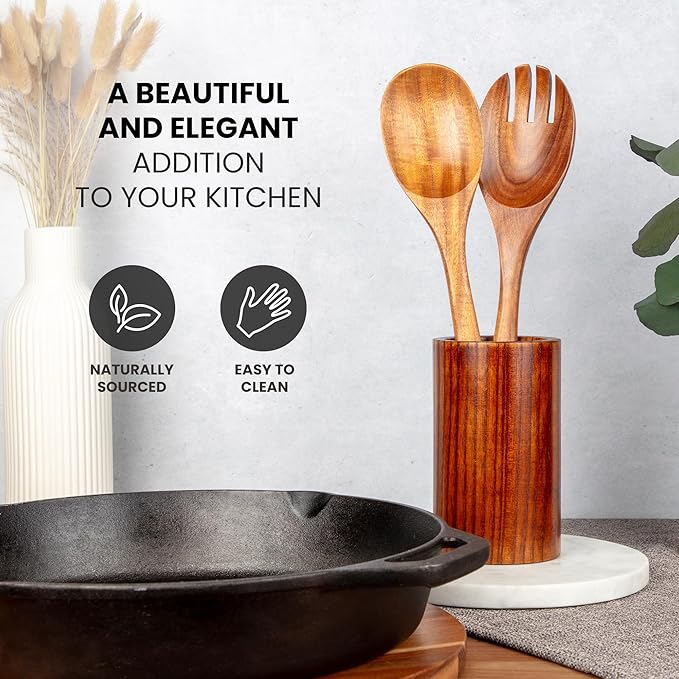 Zulay Kitchen Teak Wood Utensil Set ??2 Piece Large Wooden Salad Serving Spoon and Fork, Handcrafted Natural Teak Wood Kitchen Utensils, Durable, Nonstick Safe & Smooth Finish