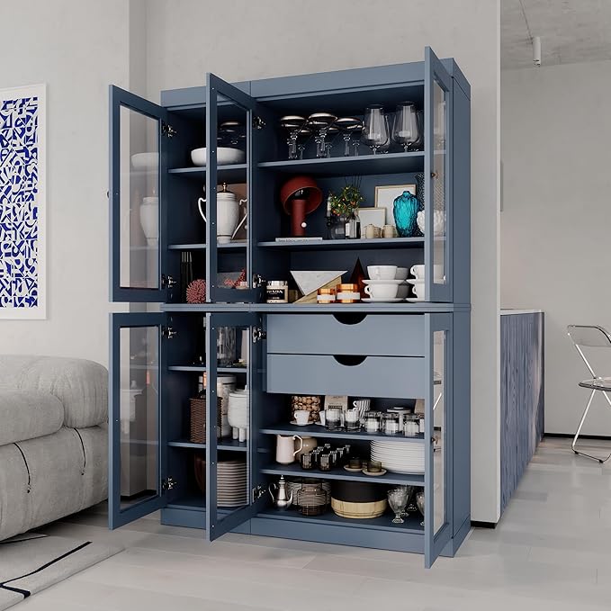 Palace Imports 100% Solid Wood 48.5" Pantry China Cabinet with Clear Glass Doors, 2-Drawers and Adjustable Shelves (Antique Blue)