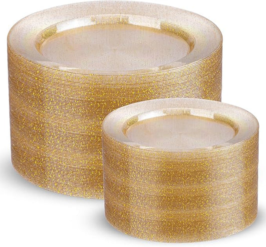 200 Pcs Gold Glitter Plastic Plates - Disposable Party Plates, Gold Glitter Disposable Plate Include 100 Dinner Plate and 100 Dessert Plate, Plastic Plate for Party, Holiday, Wedding & Birthday