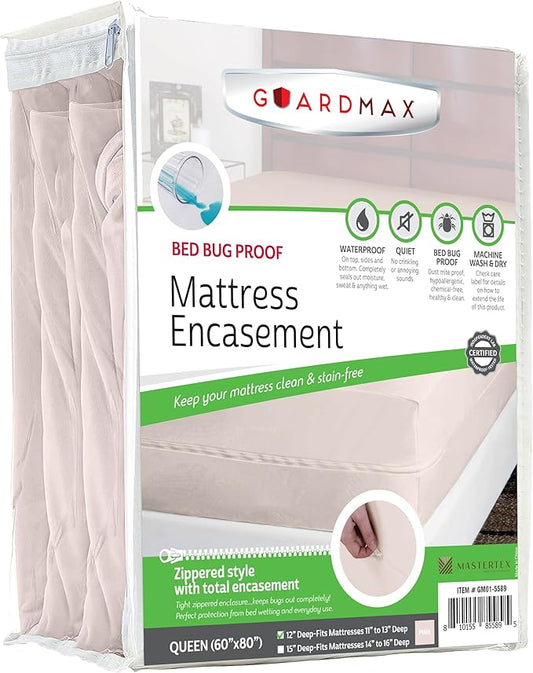 Guardmax Jersey Knitted Queen Zippered Mattress Encasement - Waterproof & Bed Bug Proof Mattress Protector - Comfortable, Soft, and Noiseless Zippered Bedding - Dust Mite Proof (60 x 80 x 12)