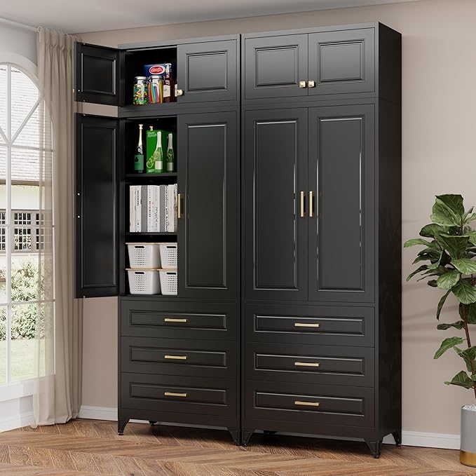 Metal Storage Cabinet, 90" Black Pantry Cabinet with 4 Doors and 4 Adjustable Shelves, Tall Cabinets with 3 Drawers for Dinning Living Room and Dining Room