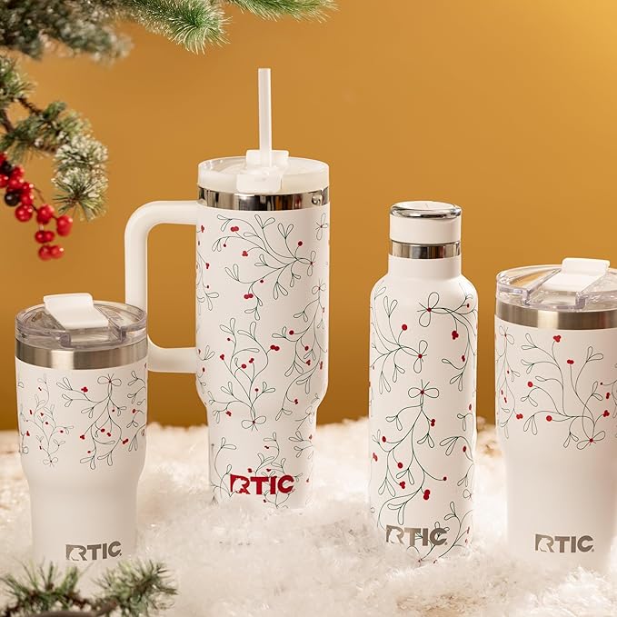 RTIC 30oz Essential Tumbler with Lid, Ceramic Lined, Insulated, Stainless Steel, Metal, Double Wall Vacuum-Insulation, Travel Cup for Iced Coffee, Tea, Hot and Cold Drink, Mistletoe