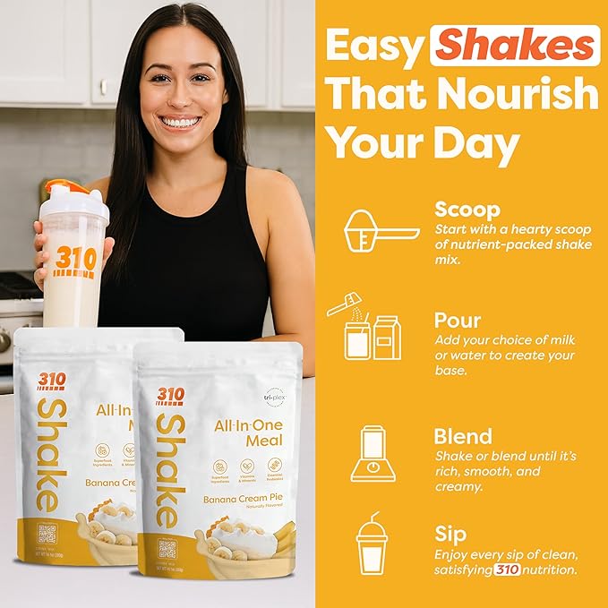 310 Nutrition All-in-One Plant-Based Meal Replacement Shake - High-Fiber Protein with Probiotics, Digestive Enzymes & Adaptogens - Vegan, Low Carb, Keto-Friendly Superfood Blend - Banana Cream Pie - 14 Servings