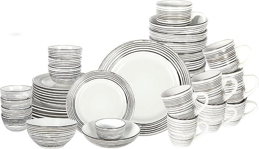48 Piece Dinnerware Set, Ceramic Plates and Bowls Sets for 8, Microwave and Dishwasher Safe, Handcrafted Tree Bark Series Dish Set, White Birch
