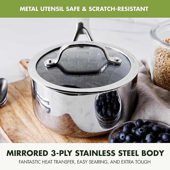 GreenPan Valencia Pro Tri-Ply Stainless Steel 1.5QT Saucepan with Lid, Ceramic Nonstick PFAS-Free, Multi Clad Cookware, Induction, Dishwasher Oven and Broiler Safe