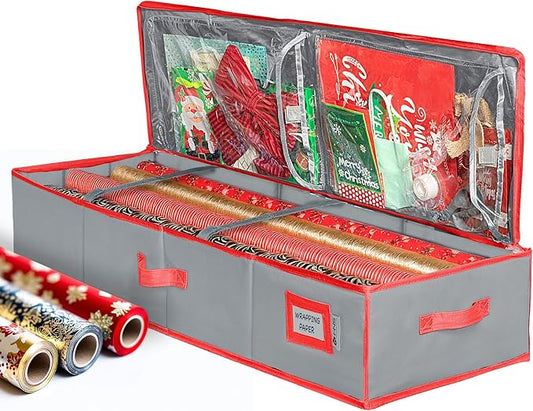 HOLDN' STORAGE Premium Wrapping Paper Storage Container - Durable 600D Tear-Proof, Fits 27 Rolls Gift Wrap, Extra Pockets for Ribbons & Bows, Underbed Storage - Ideal for Holiday Christmas, Grey/Red Trim