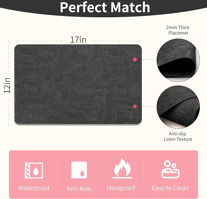 Maxpearl Faux Leather Placemats Set of 6 - Waterproof - Wipe Clean - Heat Resistant - Anti Slip Dining Table Place Mats, Suitable for Indoor & Outdoor Use, 17?쇺쇒?2?쇺? Black