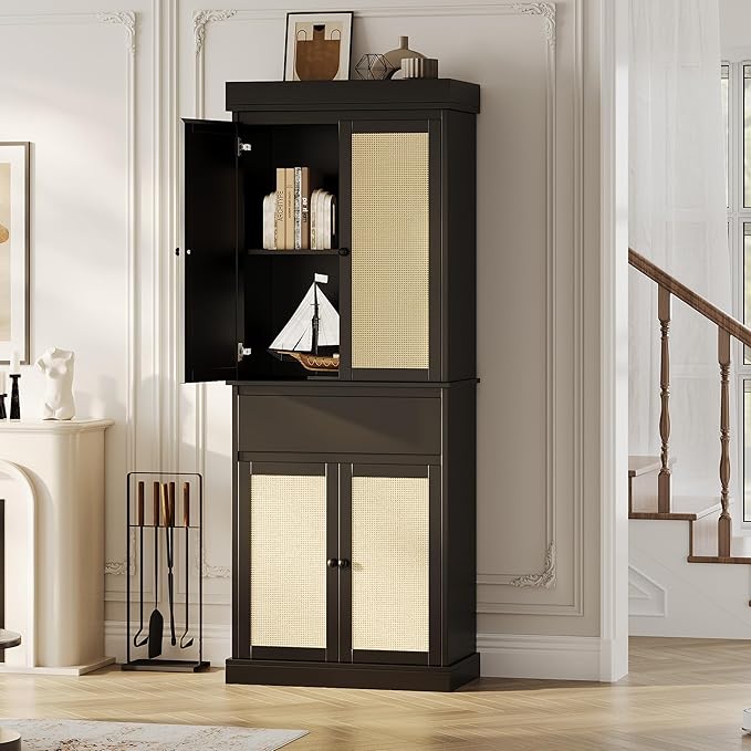 Tall Kitchen Pantry Cabinet with Rattan Doors, Adjustable Shelves & Drawer, Freestanding Storage Cupboard for Bathroom, Dining Room & Living Room（New Black）