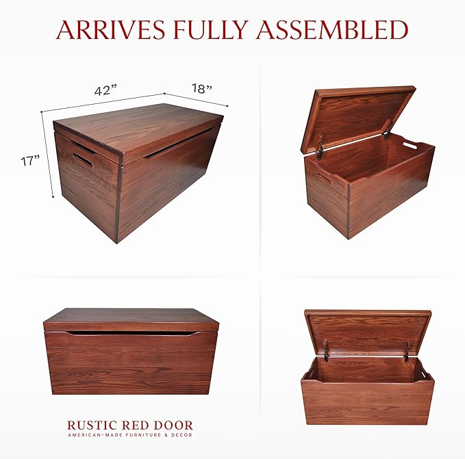 Hope Woodworking Amish Made Wooden Storage Chest Trunk Box with Lid and Handles for Bedroolanket, Clothes, Anti-Slam Hinges, Handmade, Rustic, Oak Wood, Cherry Stain, 42"