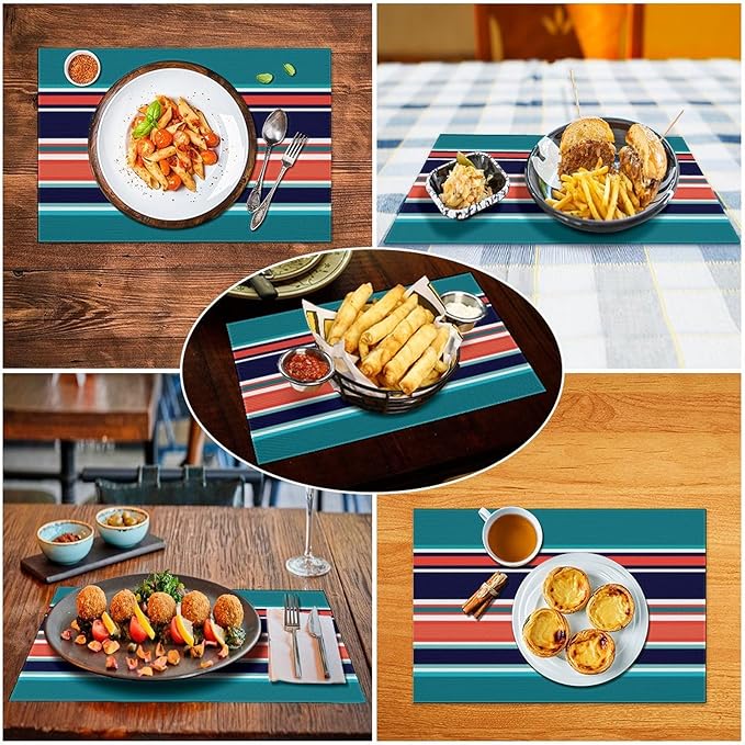 Modern Navy Teal Coral Navy Stripes Placemat, Set of 4 Heat Resistant PVC Place Mats for Kitchen Table