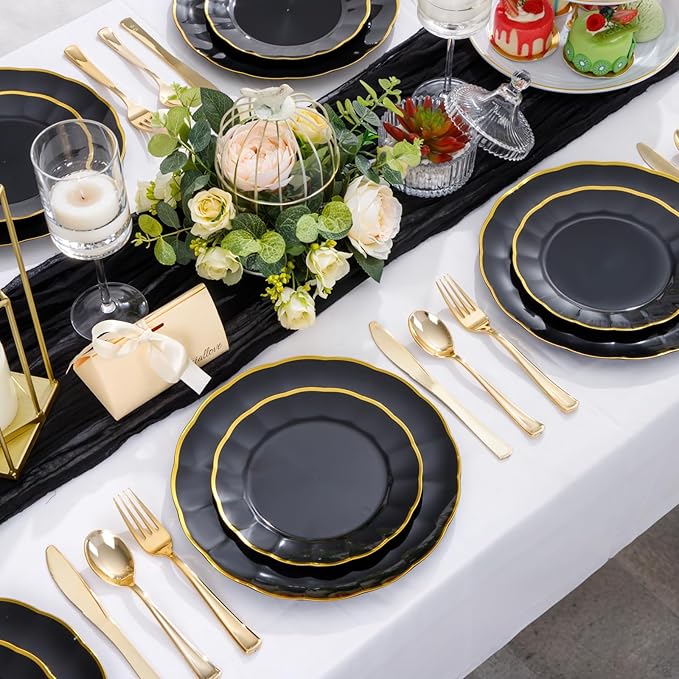 EI 150pcs Black Plastic Plates,Black and Gold Fancy Plate,Gold Plastic Silverware,Black and Gold Dinnerware Set,Premiun Heavy Duty Taleware,Perfect for Party,Wedding,Business Events,Hotel Banquets