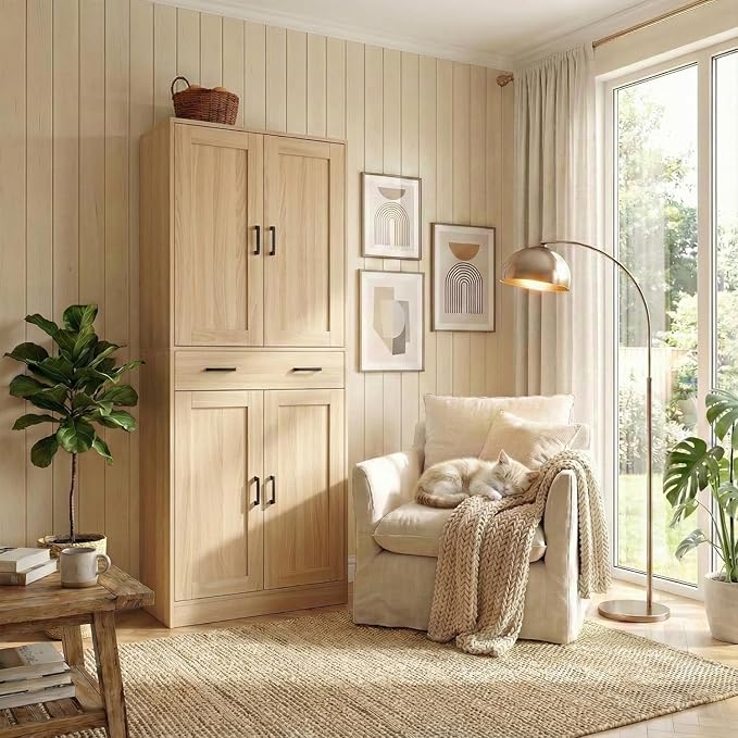 71" Tall Kitchen Pantry Cabinet, Freestanding Storage Cabinet with Drawer and 4 Doors, Large Oak Utility Floor Cupboard with Adjustable Shelves for Dining Room, Bathroom, Home Office