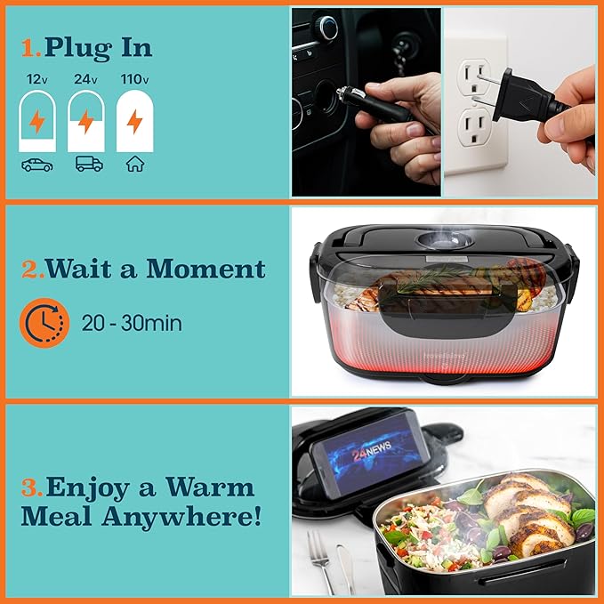TRAVELISIMO Electric Lunch Box for Adults 100W Heated Lunch Box For Men 1.5L Stainless Steel Portable Food Warmer, 12/24/110V Electric Food Warmers for Travel & Work Loncheras Para Hombres de Trabajo