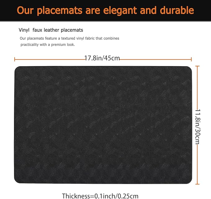 Uolr Vinyl Placemats Set of 8 Faux Leather 100% Waterproof Wipeable Washable Place Mats Heat Resistant Easy Clean Non-Slip Table Mats for Indoor Outdoor. (8,Black)