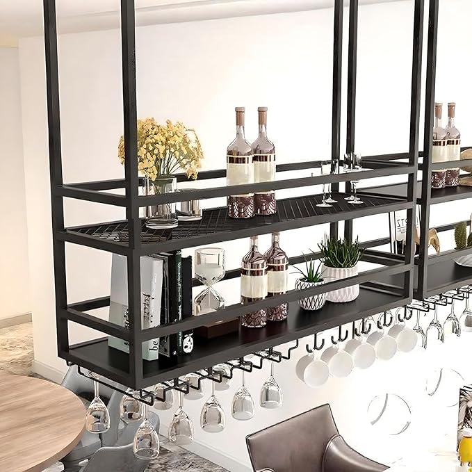 Ceiling Wine Glass Rack, Hanging Wine Display Shelf 2-Tier, Bar Liquor Storage Shelf for Bar Cafe Kitche, Metal Wine Bottle, Goblet Stemware Rack (Black, 62.99x39.37x11.81in)