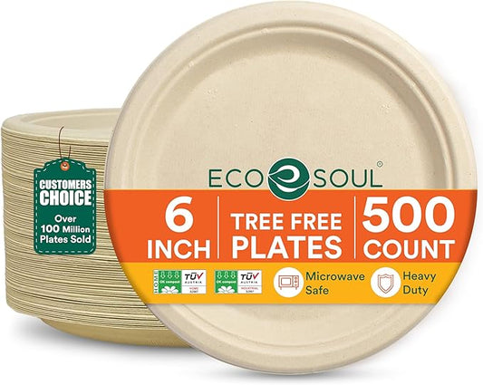 ECO SOUL Compostable Paper Plates 6 Inch (500 Count) Plates for Christmas Dessert, Heavy Duty, Eco-Friendly Sugarcane Bagasse Small Plates For Appetizer- Natural Brown
