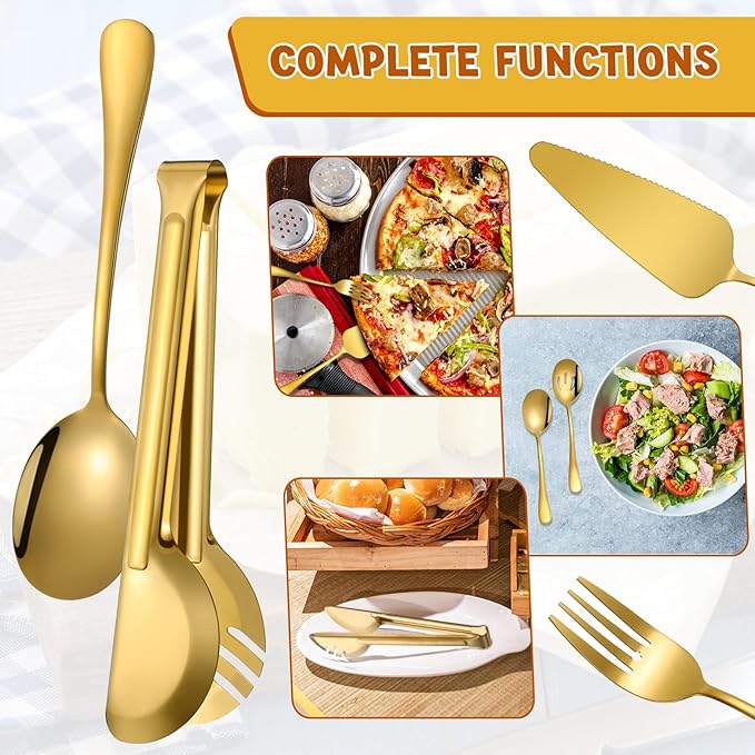 Tanlade 19 Pcs Gold Stainless Steel Serving Utensils Set Flatware Include Forks Spoons Slotted Spoons Soup Ladle Skimmers Pie Server Serving Tongs for Buffet Party Breakfast Home Dinner