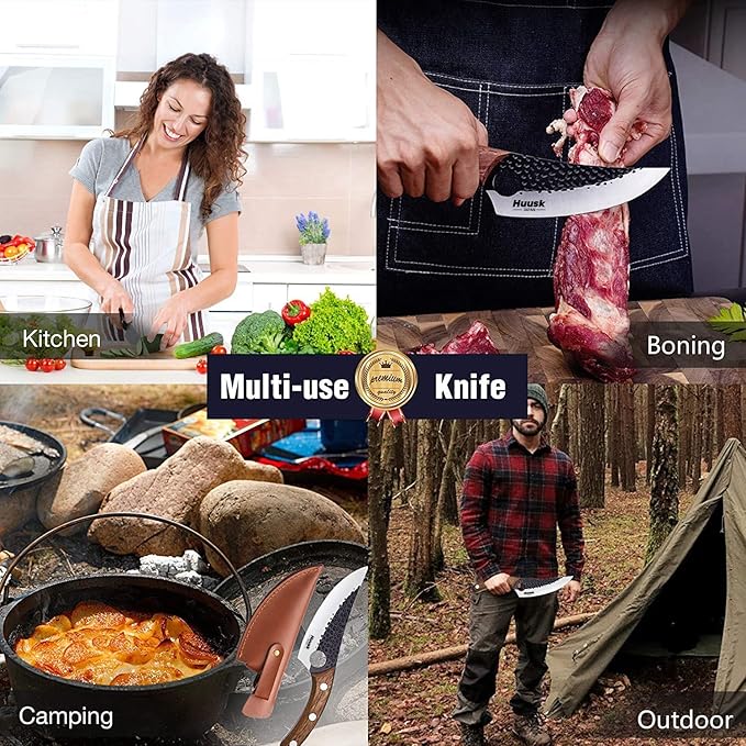 Huusk Viking Knives Hand Forged Boning & Chef Knife - Full Tang Japanese Blade with Sheath - Butcher Meat Cleaver - Camping & Kitchen Christmas Gifts for Men and Women