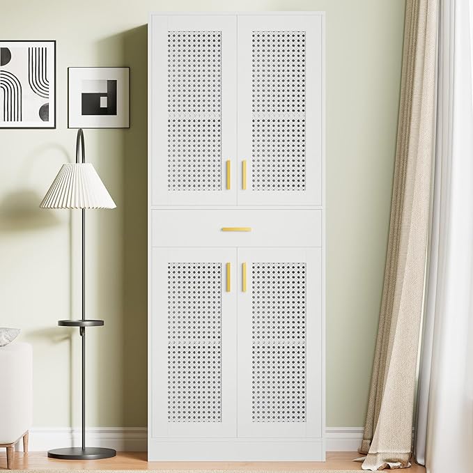 Cozy Castle Kitchen Pantry Cabinet, 71" Tall Rattan Doors Storage Cabinet with Large Drawer and Adjustable Shelves, Freestanding Rattan Pantry Cabinets for Kitchen, Dining Room, Living Room, White