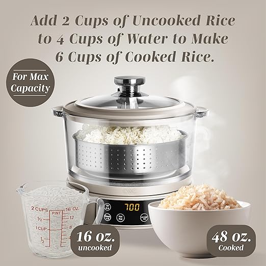COOK WITH COLOR 3L Glass Mini Low Carb Rice Cooker ??Holds 2 Cups Raw/Makes 6 Cups Cooked with Auto Lift Filter Basket, Hotpot & Steamer for Rice, Grains, Digital Panel with Keep Warm, Greige