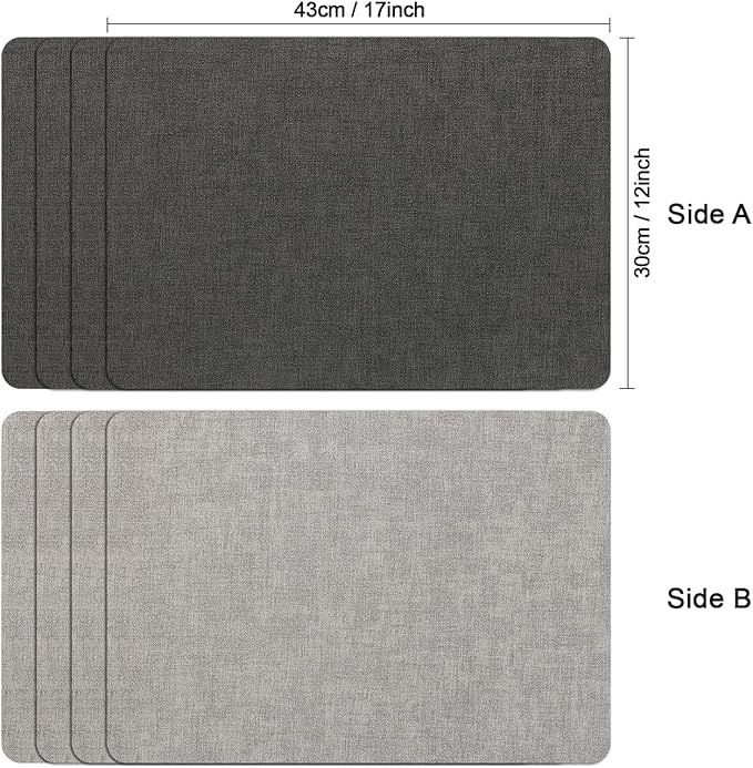 Myir JUN Reversible Vinyl Placemats Set of 6, Faux Leather Place Mats Dual Sided Waterproof Oilproof Wipeable, Heat-Resistant Table Mats for Kitchen Dining Indoor Outdoor (12" x 17", Light Gray Gray)