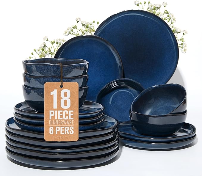 18 Piece Stoneware Dish Set for 6, Reactive Glaze Ceramic Plates and Bowls Set | Coastal?멗nspired Irregular Design for Casual Entertaining & Intimate Dinners | Dishwasher & Microwave Safe