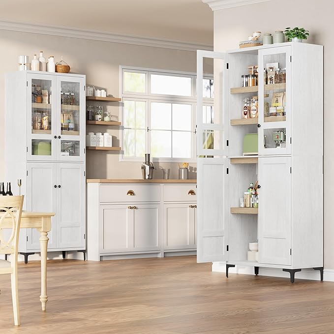 IDEALHOUSE Tall Storage Cabinet with Glass Doors, 71" Height, Adjustable Shelf, Light Oak Wood, Multi-Purpose Organizer for Kitchen Pantry and Bathroom (Oak White, 4 Doors with Glass)