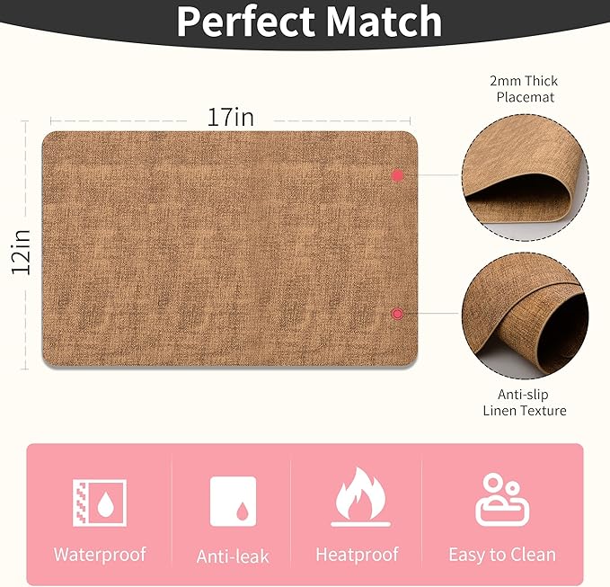 Maxpearl 8-Piece PU Leather Placemats ??Durable, Heat Resistant & Wipeable Table Mats, Non-Slip and Waterproof Dining Place Mats for Kitchen or Patio Table, 17x12 Inches, Brown
