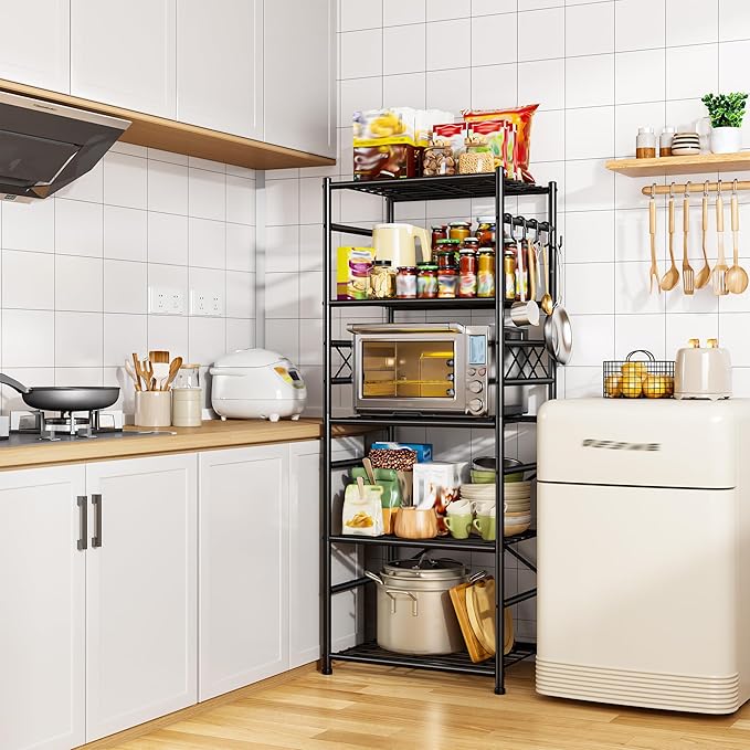 5-Tier Storage Shelves,Sturdy Metal Shelving Unit with Hooks,Wobble-Free Storage Rack with Leveling Feet,Slim Standing Shelf Organizer for Kitchen Pantry Laundry Bedroom,17.7?쓂횞11.8?쒭 횞58.3?쒱,Black