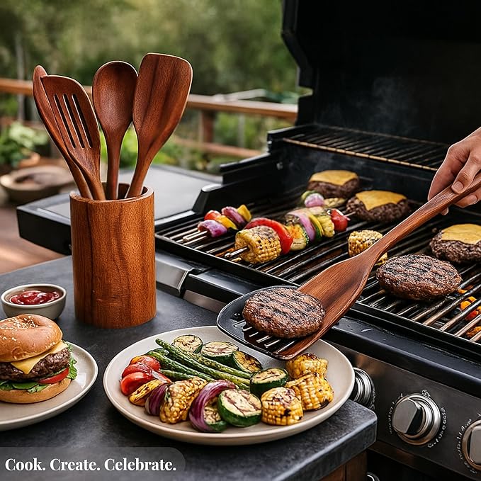 Natural Teak Wooden Spoons for Cooking & Serving Spoons | 9-Piece Home and Kitchen Wooden Utensil Set with Utensil Holder & Spoon Rest | Durable and Non-Stick Wooden Kitchen Utensils Set