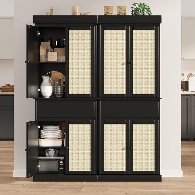 Tall Kitchen Pantry Cabinet with Rattan Doors, Adjustable Shelves & Drawer, Freestanding Storage Cupboard for Bathroom, Dining Room & Living Room（New Black）