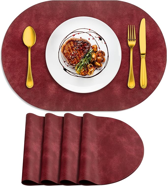 ADRIMER Placemats, Heat Resistant Oval Placemats Set of 4 Washable 12 x 17 Inch, Waterproof Table Mats, Wipeable Pu Place Mats for Kitchen, Dining Room, Wine Red